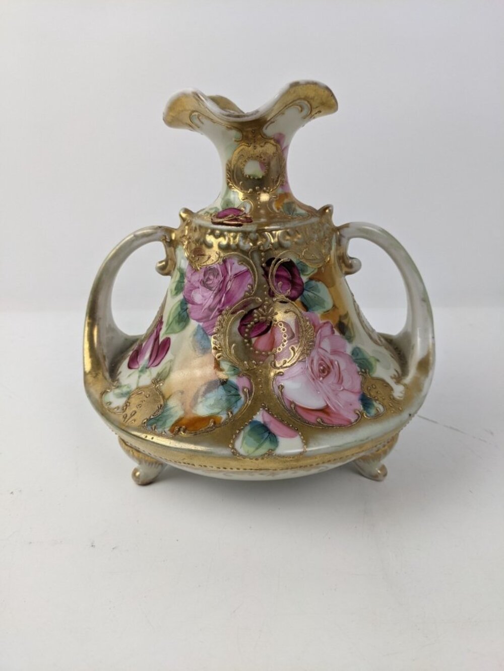 Vintage Antique Nippon MORIAGE Double Handle Vase Unmarked 7" Tall Floral